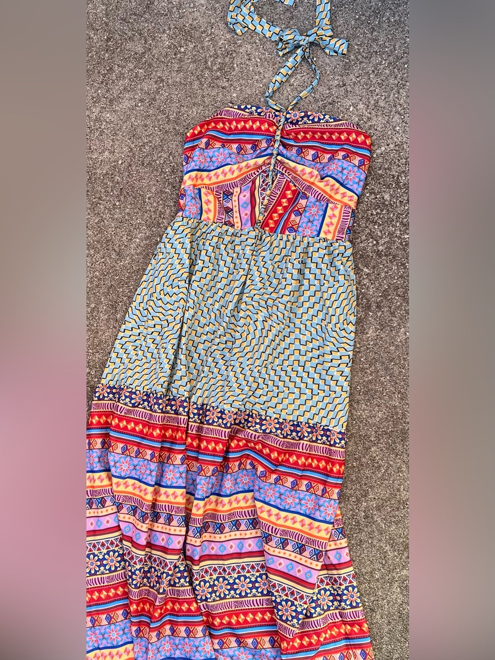 👗Davi & Dani Bohemian Strapless Maxi Dress in Red, Blue & Yellow